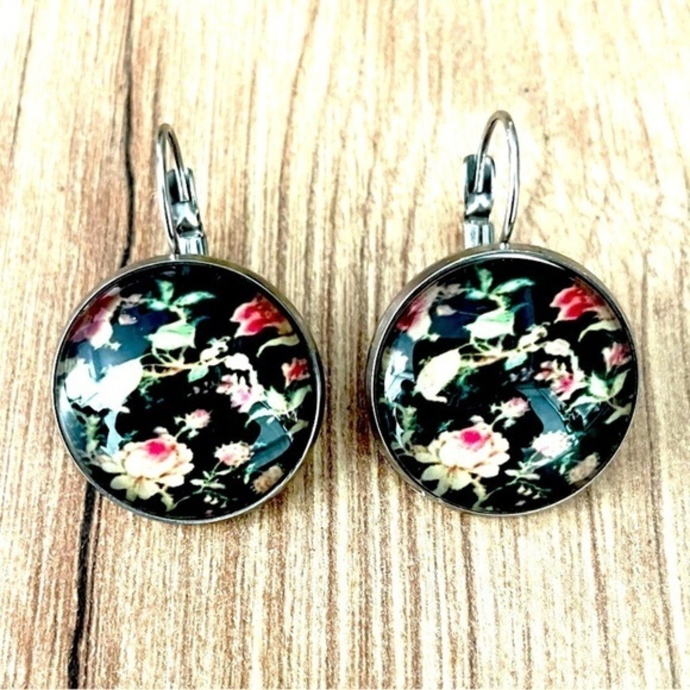 Dark Floral Print Stainless Steel Lever Back Earrings, 20mm, NWT